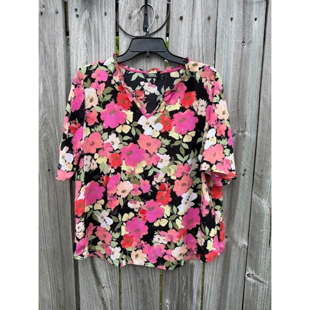 Floral Ruffle V-Neck CURE. Blouse Womens‎ Large Black Pink Multi